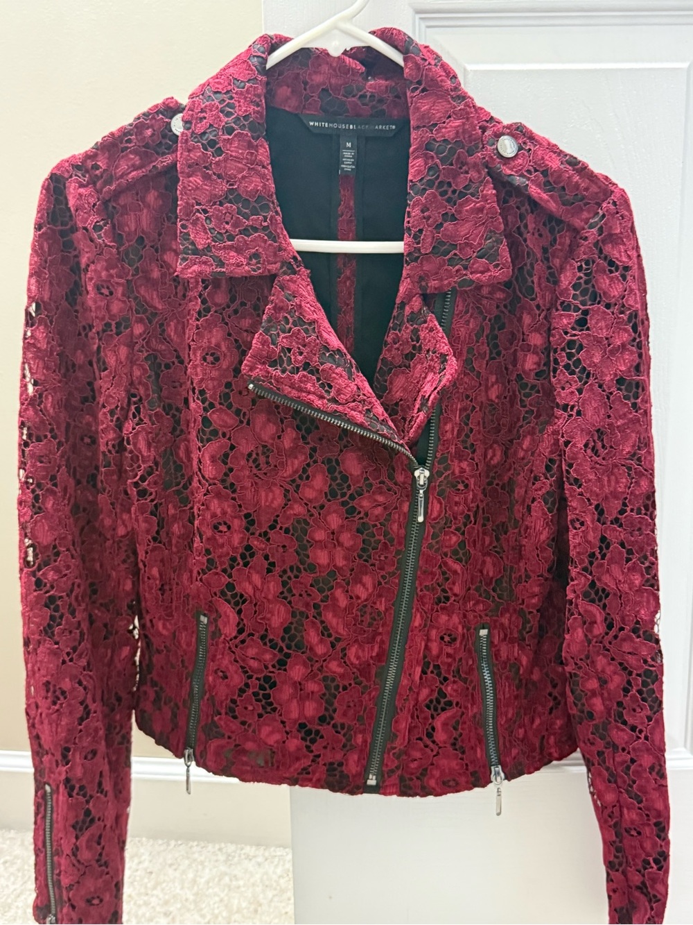 White House Black Market Red Floral Lace Moto Jacket